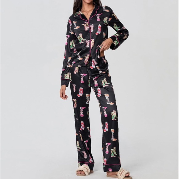 Amazon Other - Amazon Black Pajama Set with Colorful Cowboy Boot Print